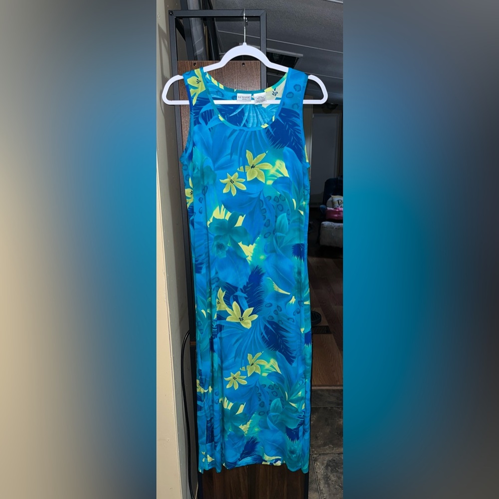 Vintage Liz Baker Tropical Blue and Yellow Floral Dress